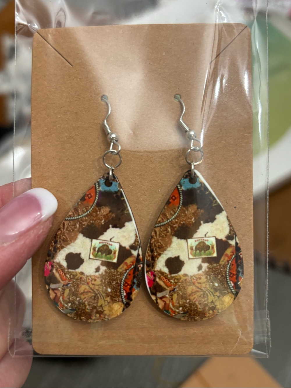 Teardrop Patchwork Pattern Dangle Earrings in Brown and Cream
